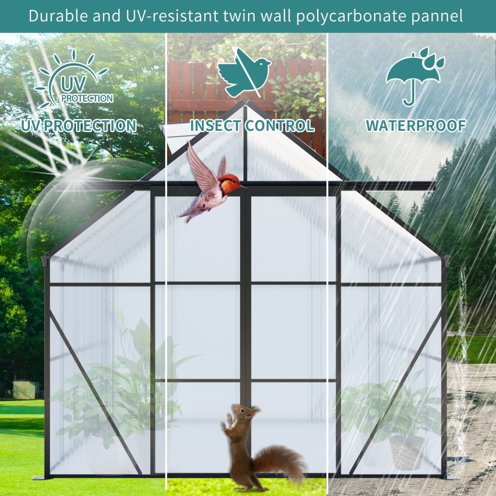 8x10FT Double Door Polycarbonate Greenhouse - Heavy-Duty Walk-In Design with Raised Base and Anchors. Perfect for Year-Round Gardening in Your Backyard. Stylish Black Finish for Every Season