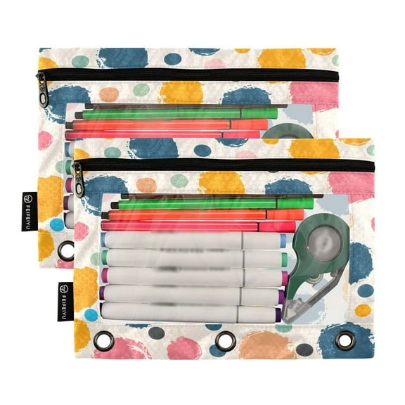 Ckdifva Cute Dots Pencil Pouch 3 Ring Zipper Pencil Case Binder Pockets Clear Top Cosmetic Bag 2 Pack