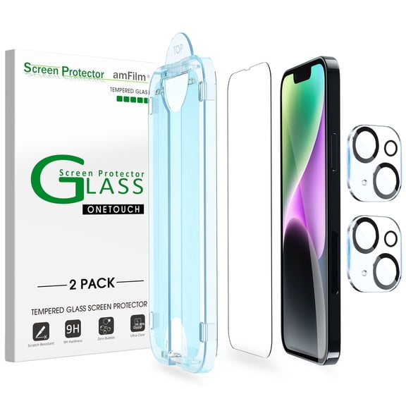 (2 2 pack) amFilm iPhone 14 Plus OneTouch Tempered Glass Screen & Lens Protector