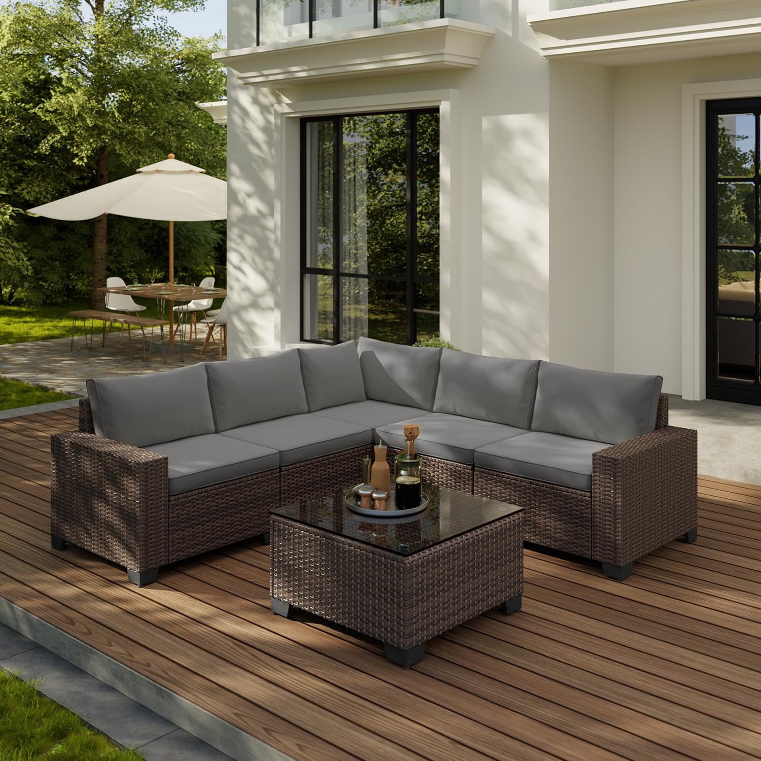 Aiho 6 Pieces Patio Conversation Set, Outdoor Sectional Sofa with All-Weather PE Rattan Wicker, Gray Cushioned Seating for Backyard, Garden, Poolside