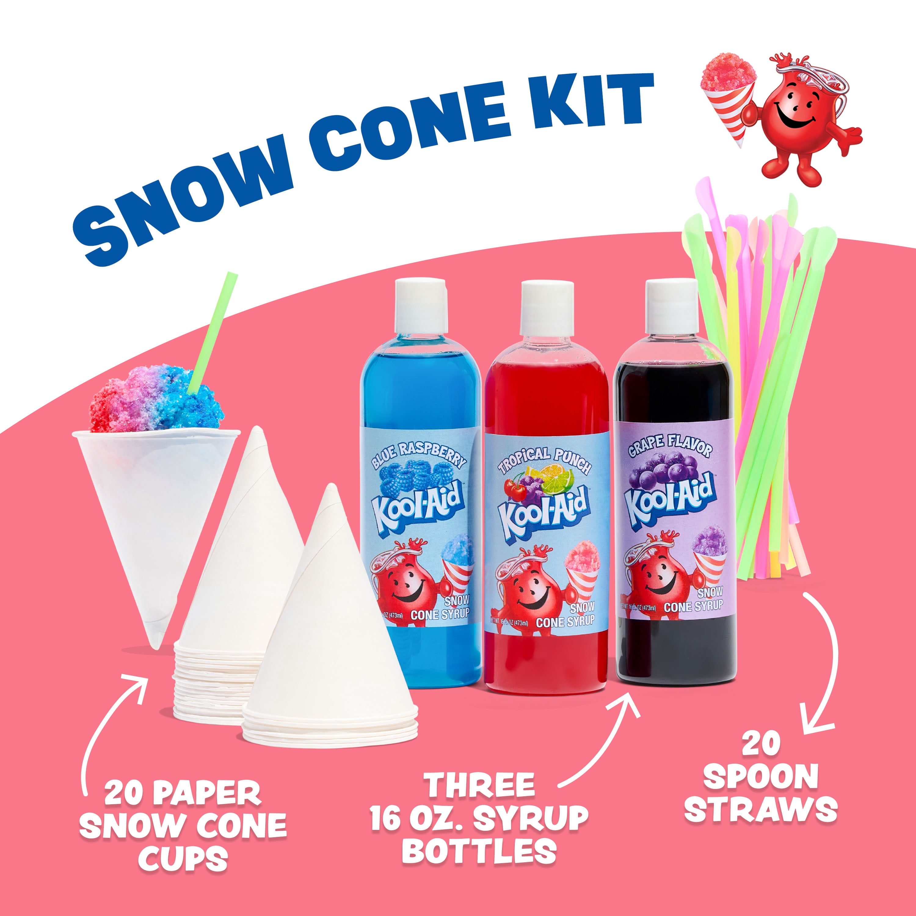 Kool-Aid Snow Cone Maker Party Kit, (3) 16oz Flavored Syrups, 20 Cones and Spoon Straws, Bomb Pop