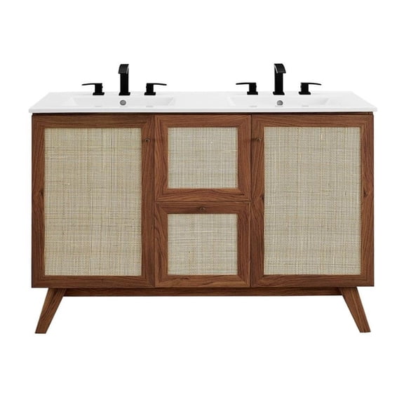 Modway Soma 48" Double Sink Modern Wood Bathroom Vanity in Walnut/White