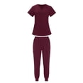 thumbnail image 2 of mihongmao Womens Scrubs Cozy Fit Short Sleeve Operating Room Nurse Suit Comfortable Elastic Breathable Set V Neck Tops Wine 2X, 2 of 6