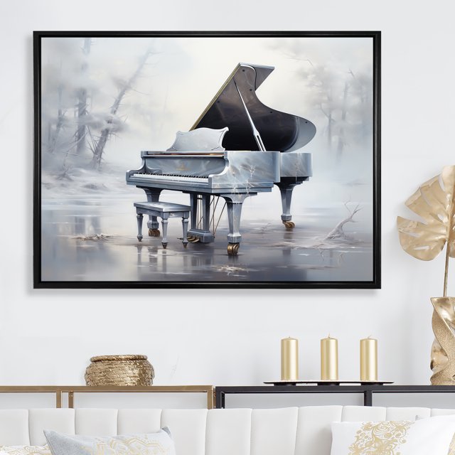 Designart Piano framed wall Art, Echoes Of The Winter Grey Piano , Music Piano framed wall art decor, Silver black framed wall art, 40x30 inches black frame