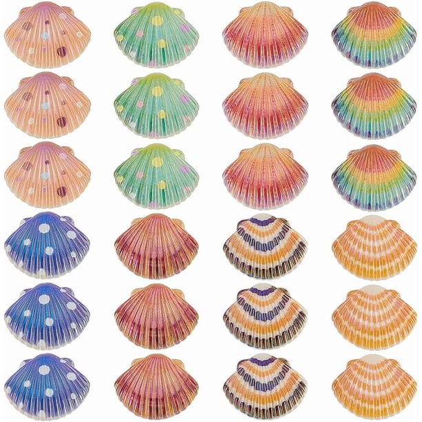 48 conchas teñidas con la parte trasera plana, cabujones de resina de concha marina de 8 colores, colgantes con purpurina y adornos de concha marina.