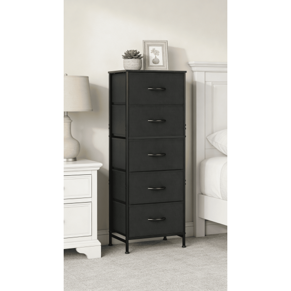 Nightstand with 5 Drawers, Vertical Storage Tower with Sturdy Steel Frame and Wood Top, Removable Fabric Bin Organizer for Bedroom Closet Entryway Dorm, Black