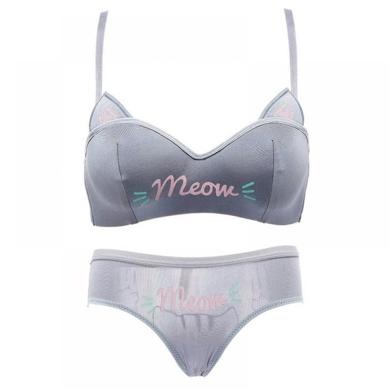 Saient Fashion Cat Ears Half Cup Bra Set No Steel Ring Gathered Underwear  Girl Letter Printed Bra Set With Panties,Gray,XL 