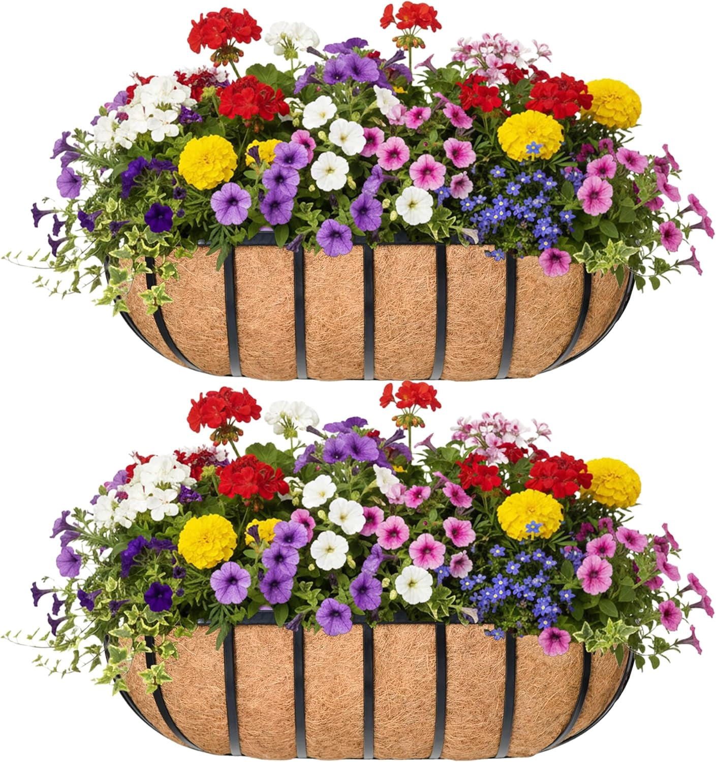 24“ Window Box Railing Planter with Coco Liner Metal Wall-Mounted Coconut Liner Planter Basket English Horse Trough Planters for Outdoor Deck Balcony Porch Fence Patio Black (4 Pack)