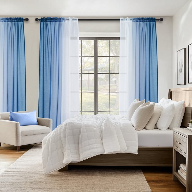 Topfinel Blue Faux Linen Ombre Sheer Curtains,Semi Voile Gradient Rod Pocket Curtains for Bedroom and Living Room, Set of 2 Window Curtain Panels, 54 x 96 Inch Long