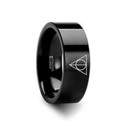 Thorsten Harry Potter Deathly Hallows Symbol | Tungsten Rings for Men | Tungsten | Comfort Fit | Custom Engraving | Super Hero Movie Black Tungsten Engraved Ring Jewelry - 8mm