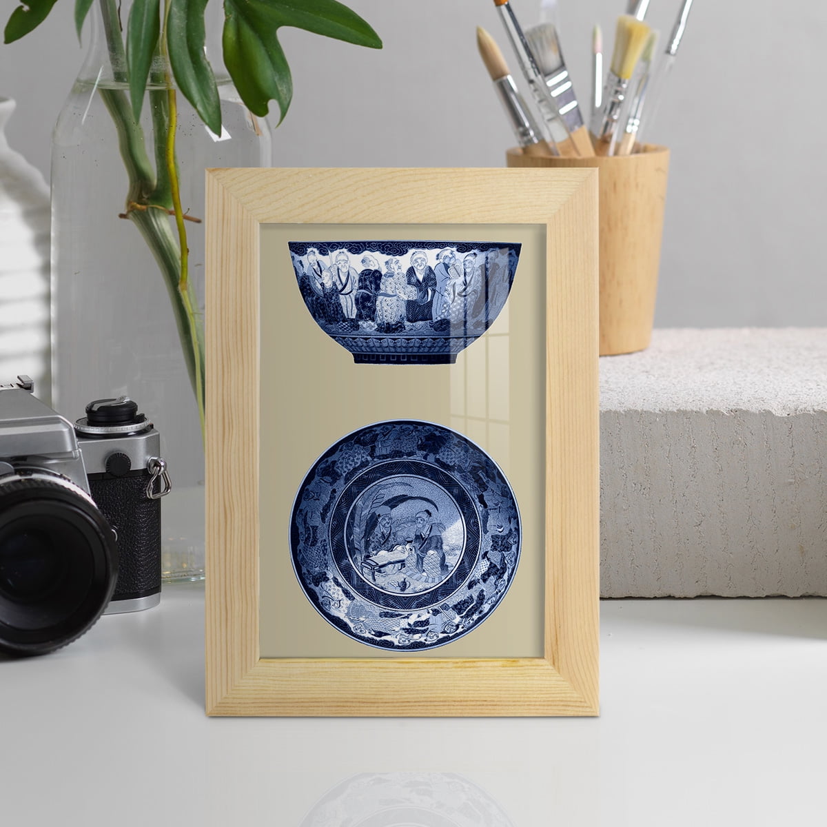 Porcelain in Blue and White II -Framed Print w/glass-Natural Wood