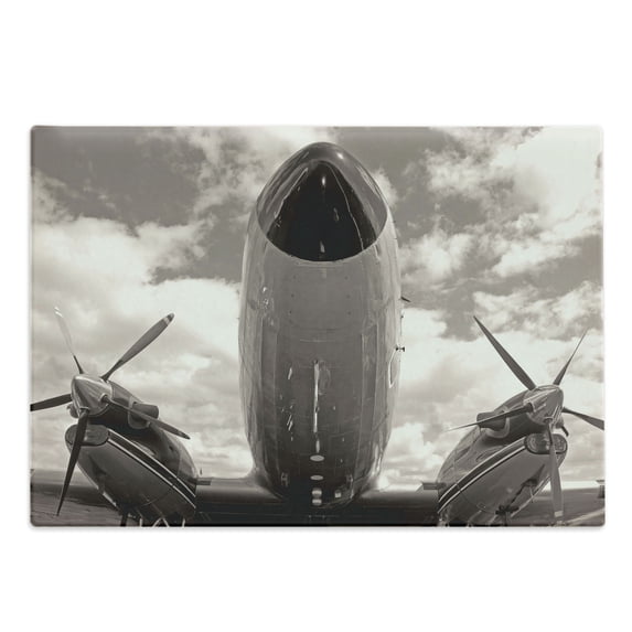 Vintage Airplane Cutting Board, Turboprop Airplane Nose Close up View and Cloudy Sky Aviation Historic, Decorative Tempered Glass Cutting and Serving Board, Large Size, Sepia White, by Ambesonne