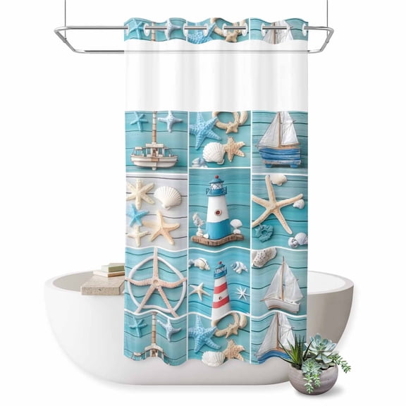 No Hook Shower Curtain with Built-in Rings - Nautical Washable Waterproof Fabric Bathroom Curtains for Hotel,Rentals, Stall 36 X 72 Inch , Ocean Lighthouse Starfish Shell Ship Aqua Blue