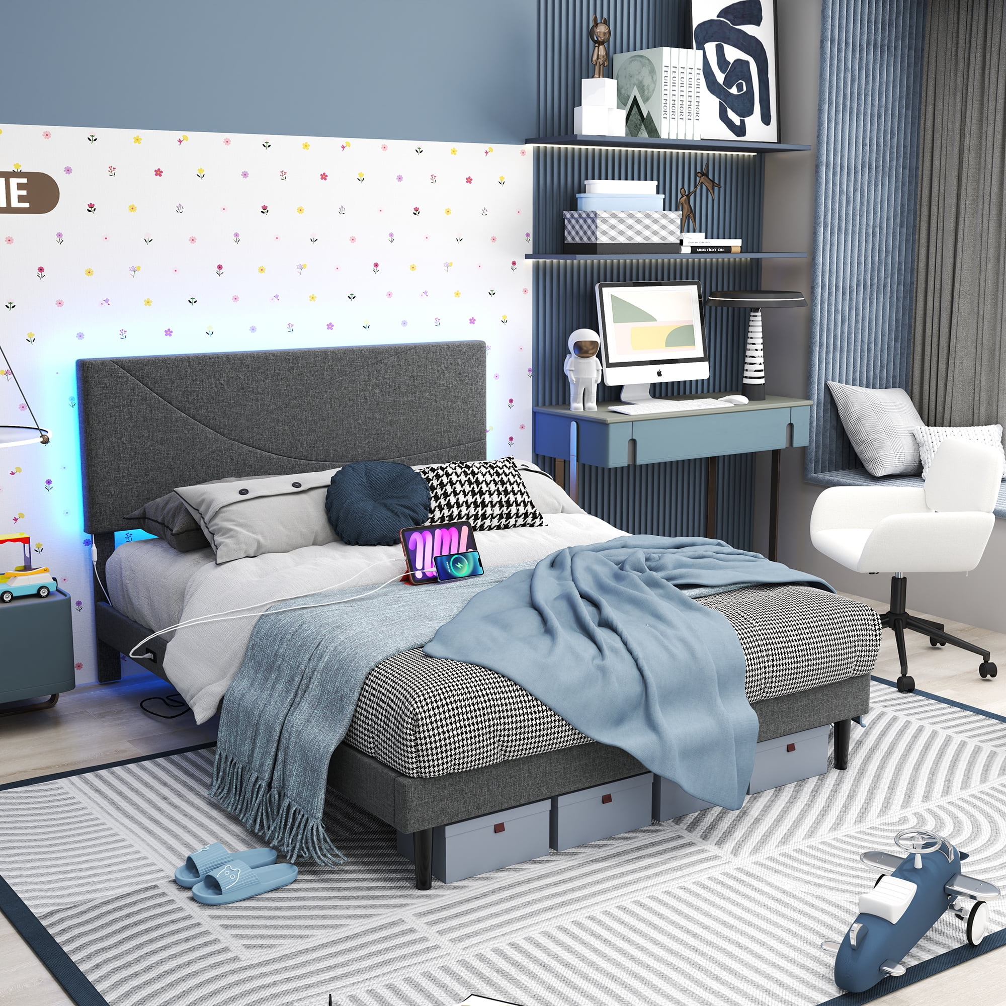 Homy Casa Upholstered Queen Bed with Tech Charging and LED Lights, Modern Headboard, Grey