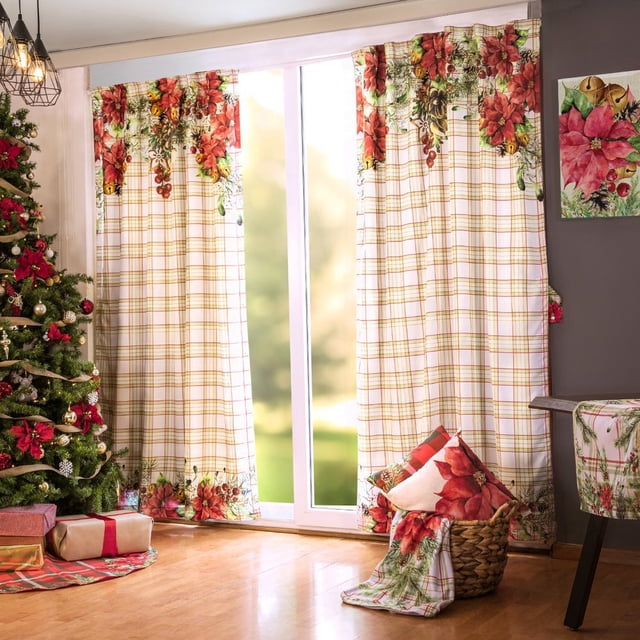 Set De 2 Cortinas Béla Navideñas Estampadas 2.30alto X 2.70m Nochebuenas Béla Home Navideño