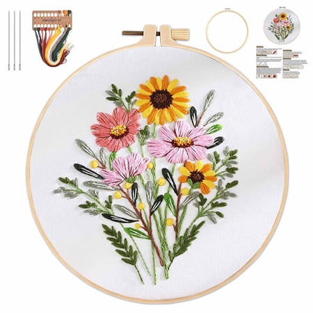 Embroidery Kit for Beginners & Adults Cross Stitch Kit with Floral Patterns – Complete Starter Set with Hoop Pre-Printed Fabric Threads & Needles for DIY Crafting (D)