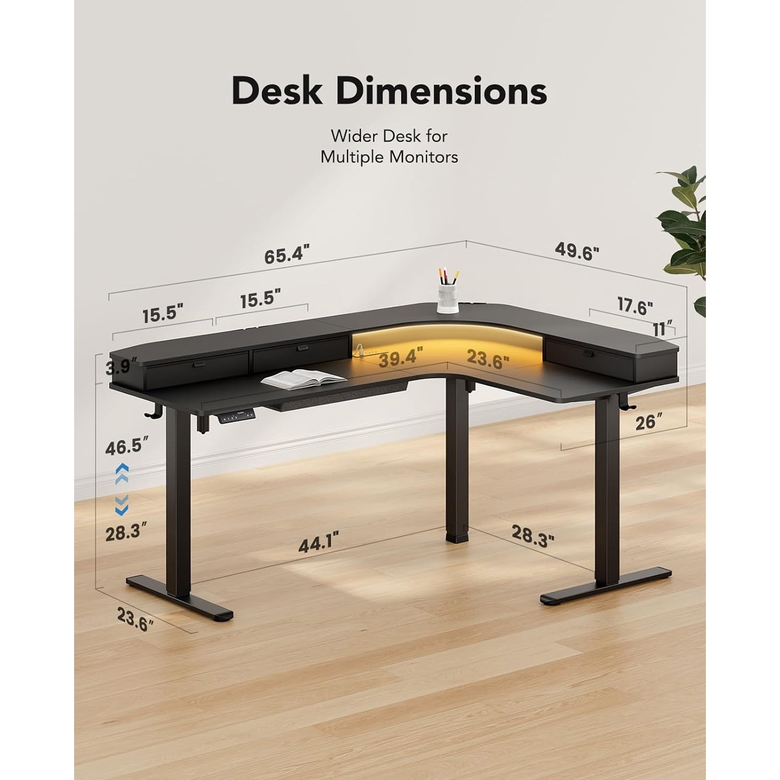 Kyspho 65″ Electric Standing Desk with LED Strip & Power Outlets, L-Shaped Corner Desk with 3 Drawers, Adjustable Height Computer Desk, Black