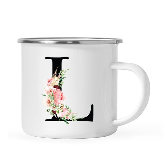Koyal Wholesale Stainless Steel Campfire Coffee Mug, Blush Floral Monogram, Letter L