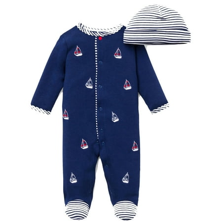 Little Me Sailboat Nautical Snap Front Footie Pajamas with Hat For Baby Boys Sleep N Play One Piece Romper Coverall Infant Footed Sleeper; Pijamas Para Bebes - Red, White, Navy Blue - Preemie