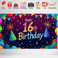 thumbnail image 5 of Neon Style 16th Birthday Backdrop Banner Colorful Party Decorations with Fireworks Stars and Party Hats Photography Props for Birthday Party Celebrations Photo Booth Backgrounds, 5 of 7