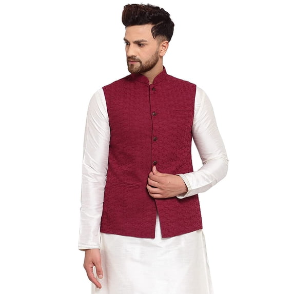 eloria Men Embroidered Maroon Nehru Jacket for Partywear Festival Waistcoat Indian Vest Blazer Embroidery Design