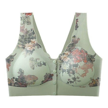 Hessimy Women s Front Button Closure Bra Comfort Full-coverage Bra Senior Front-Closing Wirefree Bra Green XXL