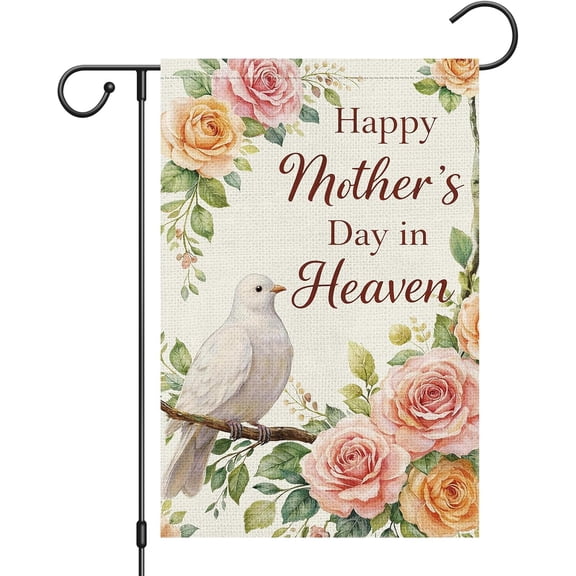 Happy Mother''s Day in Heaven Garden Flag 12x18 Double Sided Burlap, Memorial White Dove Pink Roses Floral Bereavement Yard Banner In Memory of Mom Remembrance Outdoor Decor (ONLY FLAG)