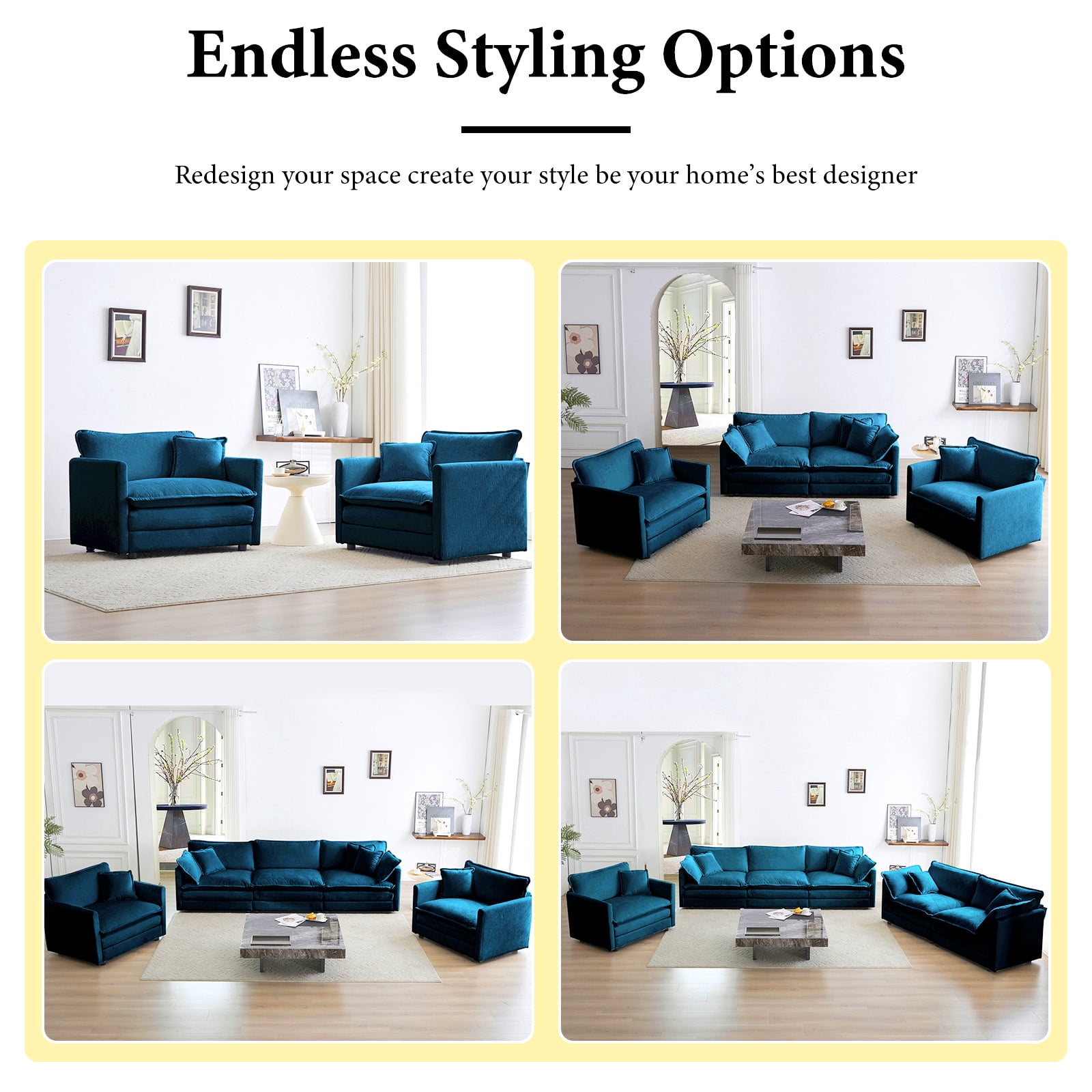 111.5” Blue Modular Sofa, 3 Seater U Shaped Chenille Sectional for Living Room, Cloud Couch with Ottoman, Sofá moderno