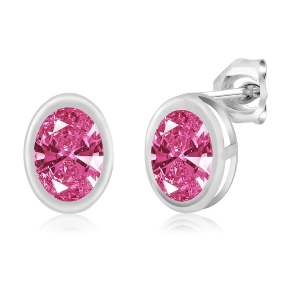 Gem Stone King 925 Sterling Silver Stud 7x5mm Bezel Setting Stud Earrings for Women Men Set with Oval Pink Zirconia