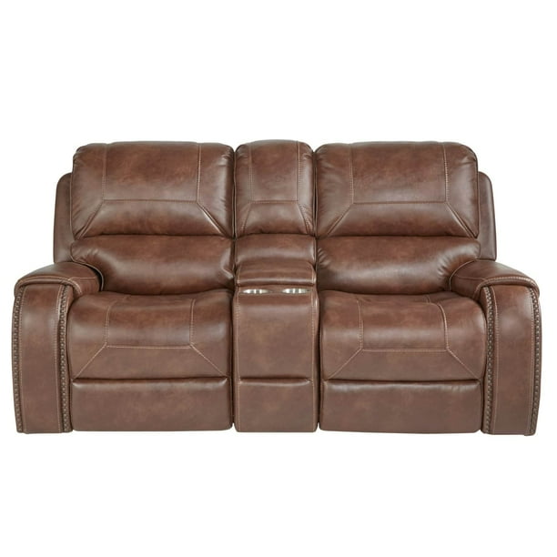Roundhill Furniture Achern Brown Leather Nailhead Manual Reclining