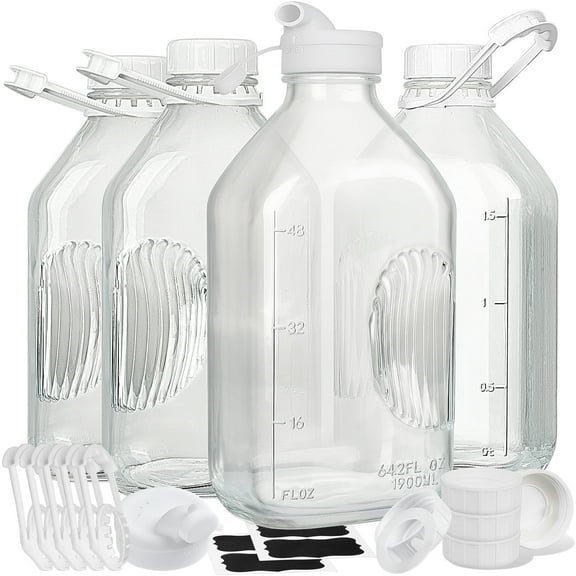 4 Pack 64 oz Syntic Glass Milk Jug Pitcher, Juice Bottles with Handle and Pour Spouts for Water, Juice Clear