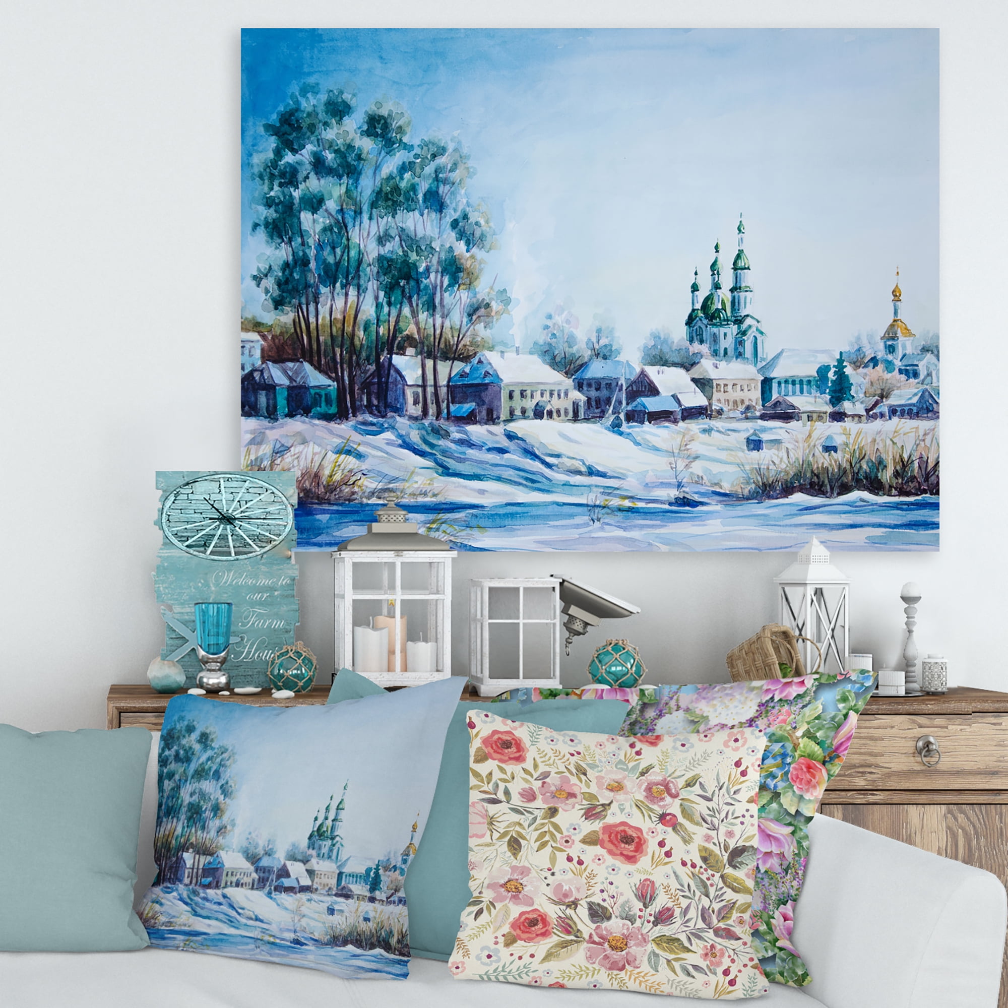 Designart ' Small Town Covered In Snow In Winter Times ' Traditional Canvas Wall Art Print