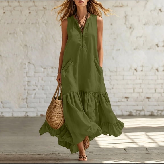 ClodeEU Women's Sleeveless V Neck Tiered Ruffle Maxi Dress with Pockets,Casual Loose Flowy Swing Dress Army Green,Women's Plus L