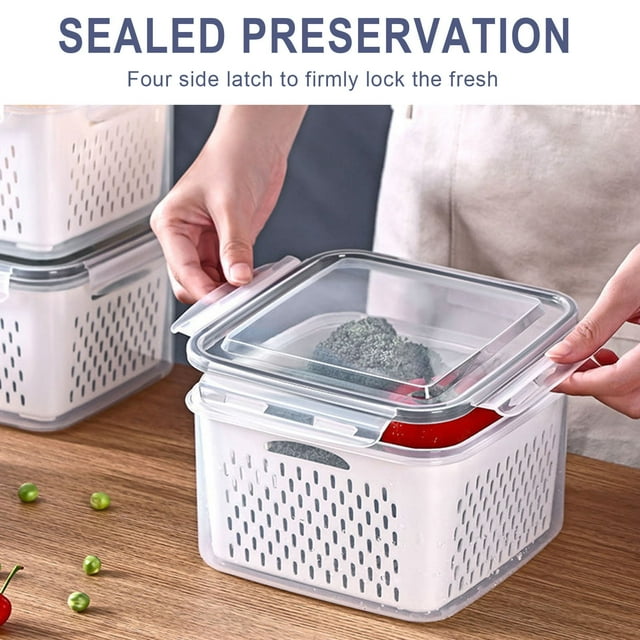 Recipientes para Almacenar Frutas y Verduras, Tapa Hermética, Colador Extraíble, Diseño 3 En 1, Organización En El Refrigerador, Ahorro de Espacio, Juego de 3, Fácil de Limpiar, Apto para Mi