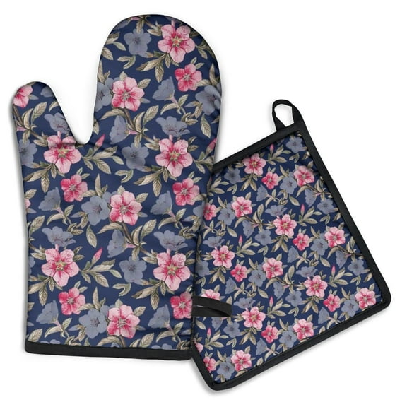 Pioneer Flower Kitchen Oven Mitt and Pot Holder Sets 2 Pcs for Baking, Cooking and Grilling, Heat Resistant Up To 392 °F