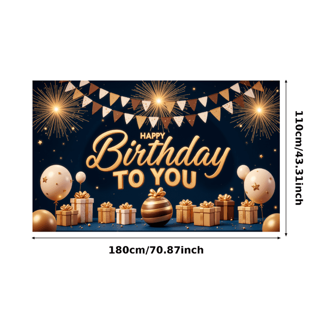 Gold Theme Happy Birthday Banner Decorative Fireworks Balloon Design Celebration Backdrop Durable for Birthday Party Indoor Decoration Holiday Celebration