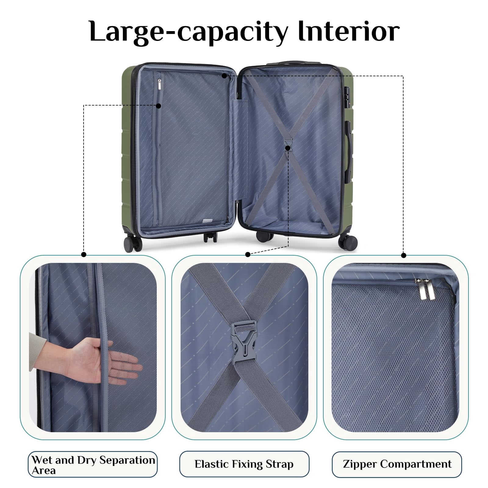 Kelno Large Checked Luggage with Spinner Wheels ABS Hard Shell Suitcase Expandable Rolling Luggage with TSA Lock, Green