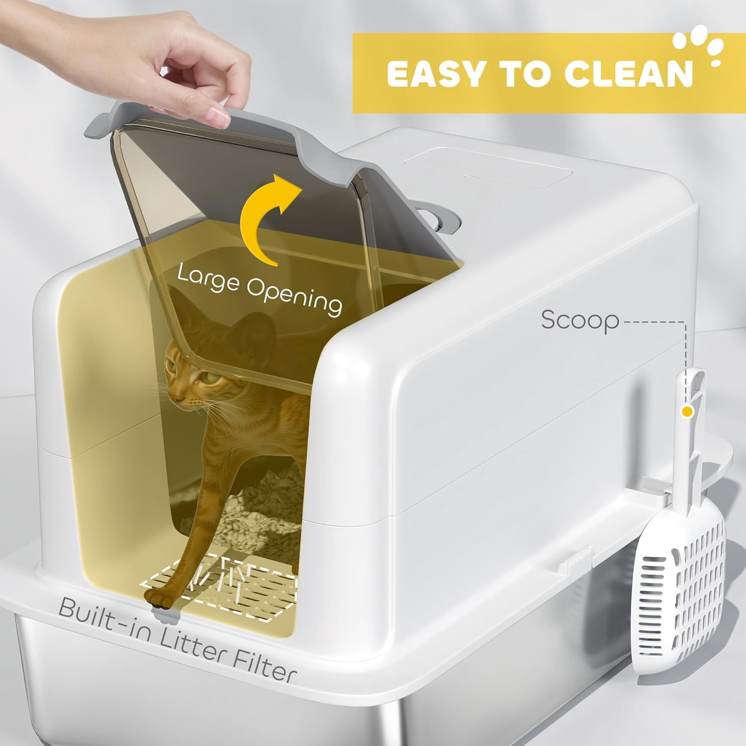 Stainless Steel Cat Litter Box, Extra Large 2 in 1 Metal Kitty Litter Pan with High Enclosure, Removable Lid & Scoop, Filter Bags, Easy to Clean, for Small to Large Kittens, White