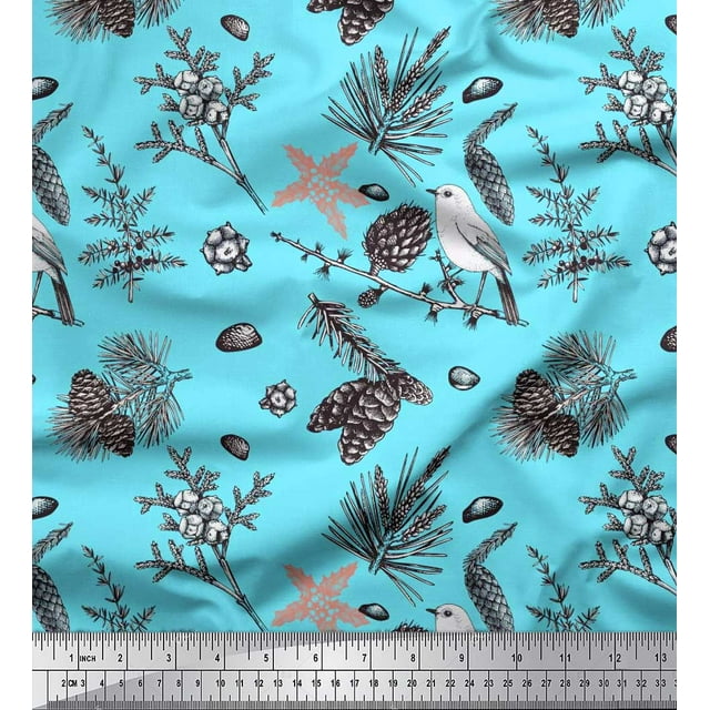 Soimoi Blue polyester Crepe Fabric Floral, polyester & American Robin Bird Decor Fabric Printed BTY 42 Inch Wide
