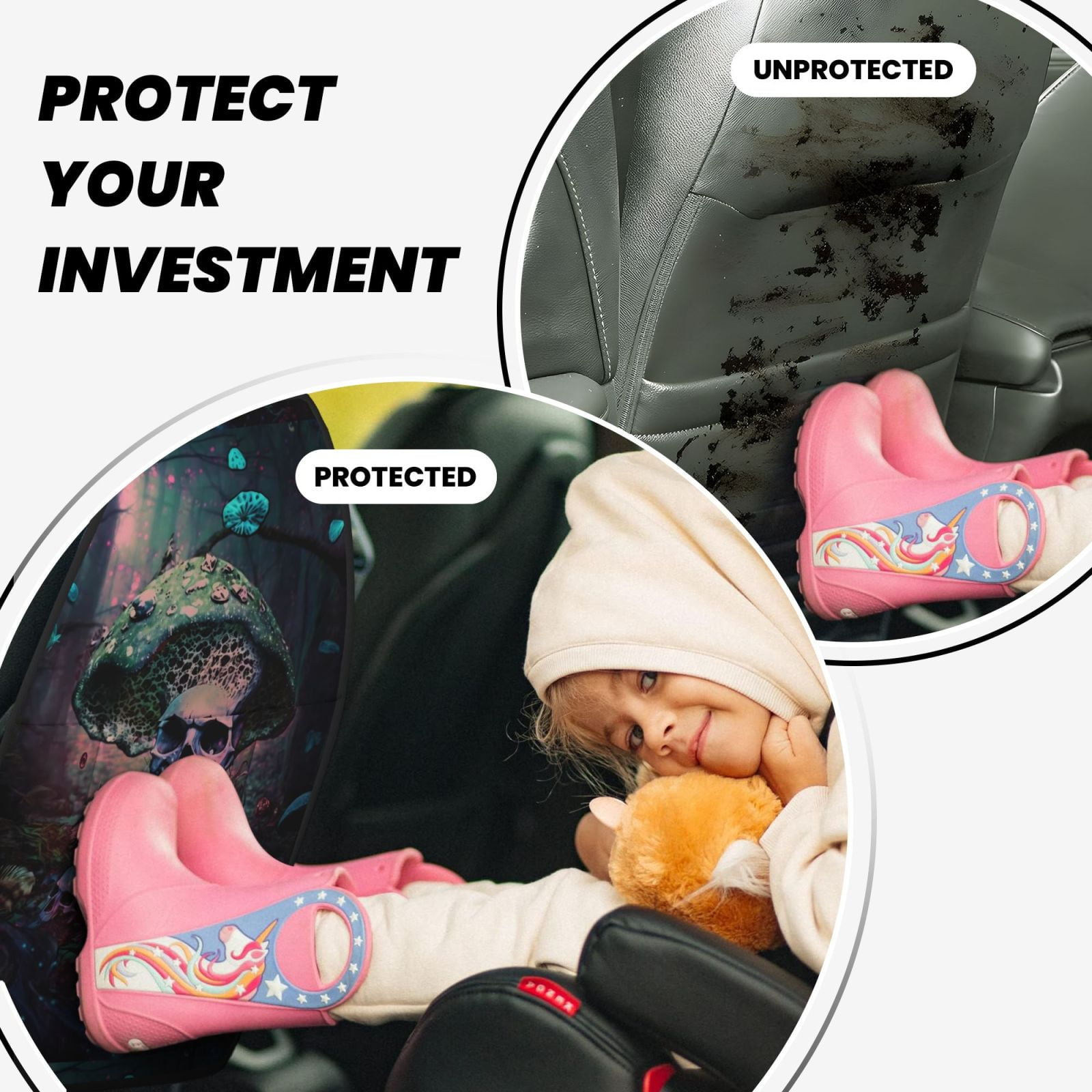 Xecao Forest Mushroom Skull Pattern Car Seat Back Protector 2 Pack Large Capacity Pocket, Kick Mats Back Seat Protector
