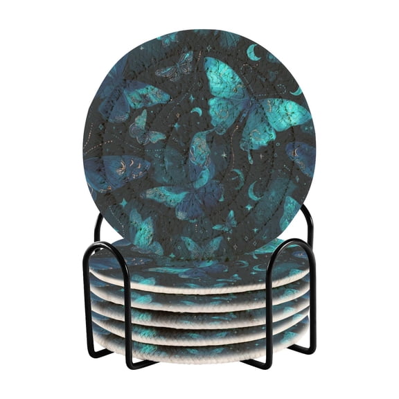 6 Pcs Drink Coasters with Holder 3.94in Woven Coasters for Drinks Blue-green Butterfly Pattern Coaster Set for Protection Table