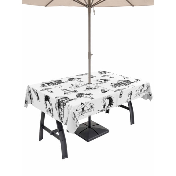 Outdoor Tablecloth with Umbrella Hole for Patio/Picnic/Party/Camping, Coastal Nautical Waterproof Table Cloth Rectangle Table Cover Washable, Summer Ocean Beach Coconut Trees Grey (60"x 84")