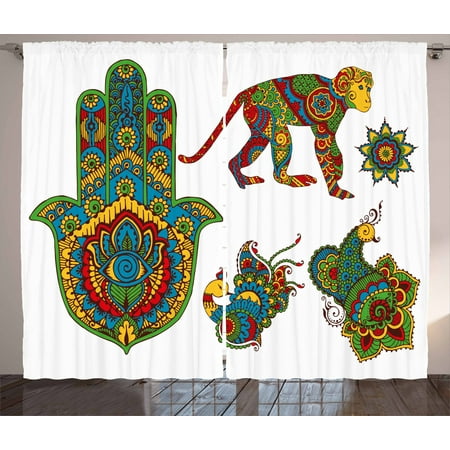 Hamsa Curtains 2 Panels Set Hand Painted Mehndi Style Figures