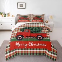 Manfei Rustic Farmhouse Truck Full Size Comforter Sets, Merry Christmas Bedding Comforter Set, Red Green Buffalo Reversible Bedding Sets, Luxury Bedroom Decor, 3 Pieces