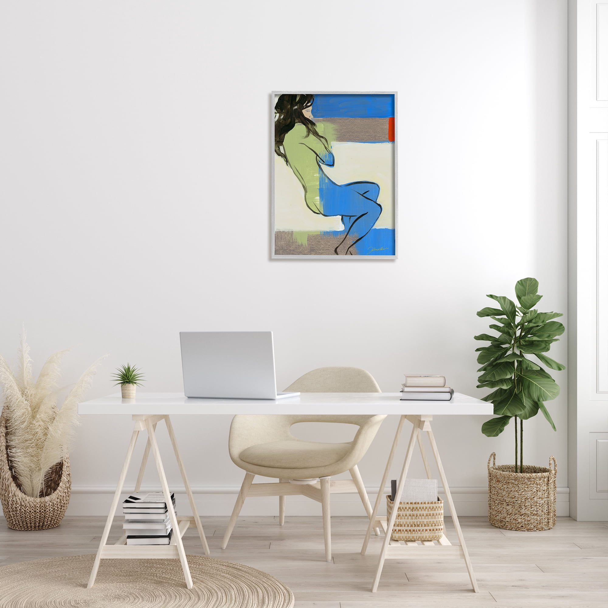 Stupell Industries Abstract Woman Laying over Geometric Shape Collage Abstract Painting Gray Framed Art Print Wall Art, 24 x 30