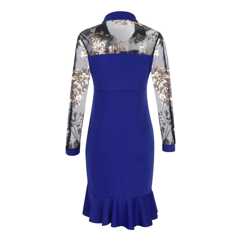 Idoravan Womens Long Sleeve Evening Dress Women Sexy Slit Ruffles Hem  Floral Pattern Slimming Long Sleeve Lace Mesh Dress - Walmart.com
