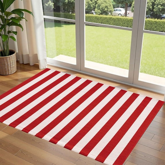 Red and White Striped Outdoor Rug 36'' x 60'' Door Mat Outdoor Welcome Mats Cotton Hand-Woven Entryway Rug for Front Porch/Entryway/Laundry/Bathroom/Bedroom