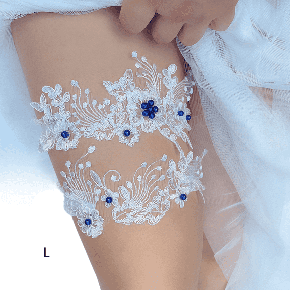 AUQ Garters for Bride,Elegant Lace Wedding Garter for Bride,Comfortable Elastic Garter for Long Wear,Blue,L