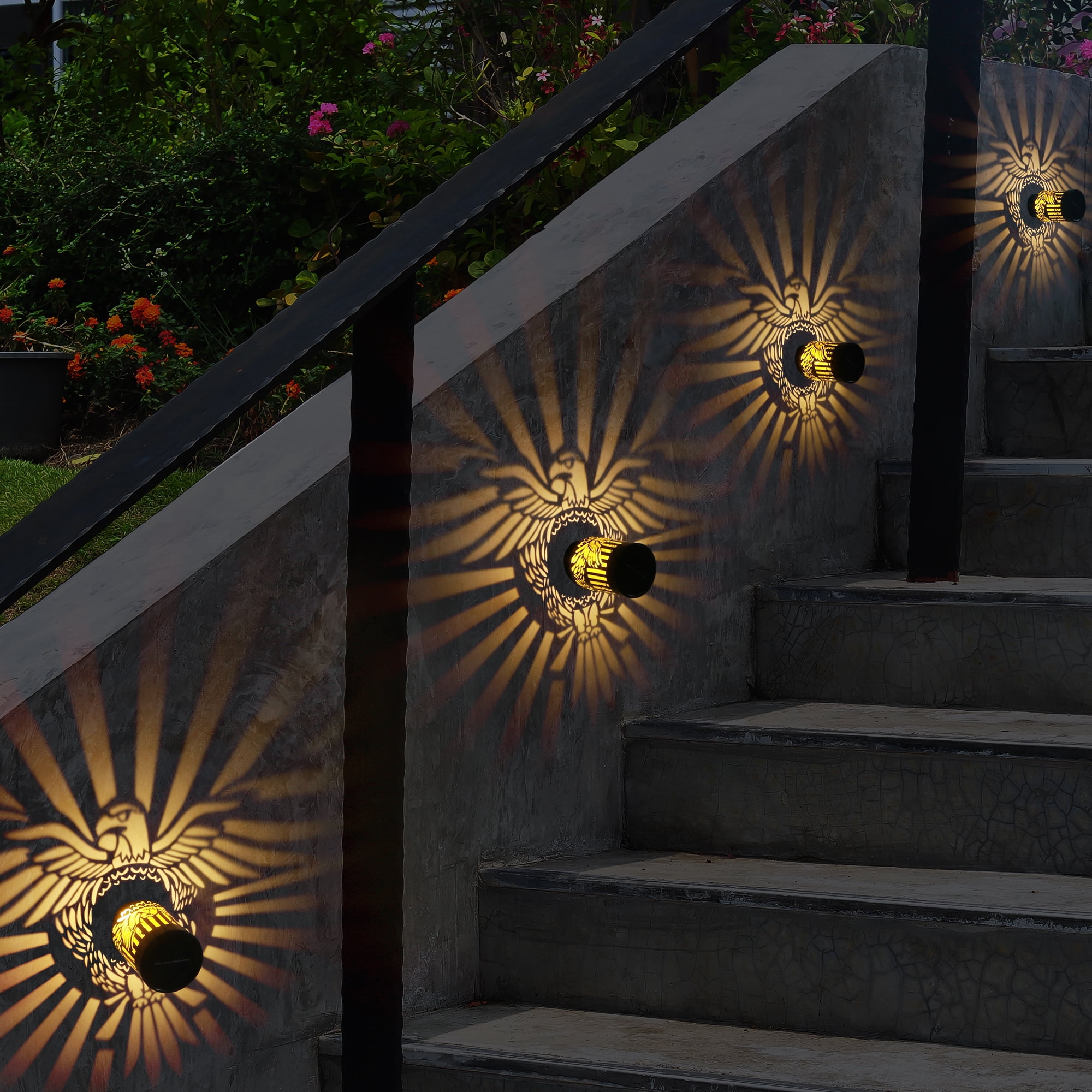 Govvep 2 pack Metal Solar Powered LED Solar Fence Lights: Eagle Pattern Waterproof Outdoor Wall & Deck Step Lighting for Garden, Patio & Backyard