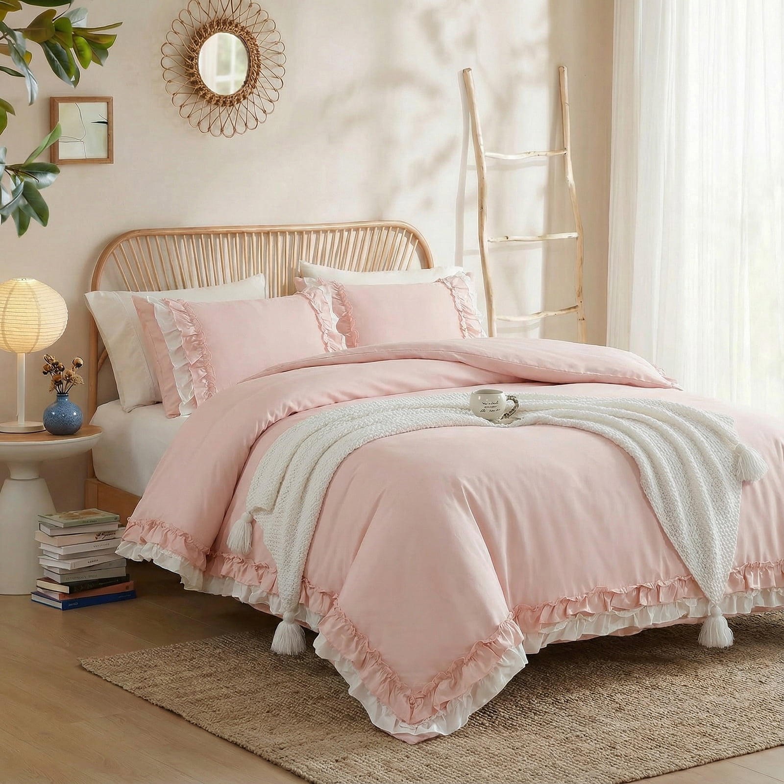 100% Cotton Ruffled Comforter Set Queen, White Shabby Chic Farmhouse Bedding Set French Country Cute Comforter Set